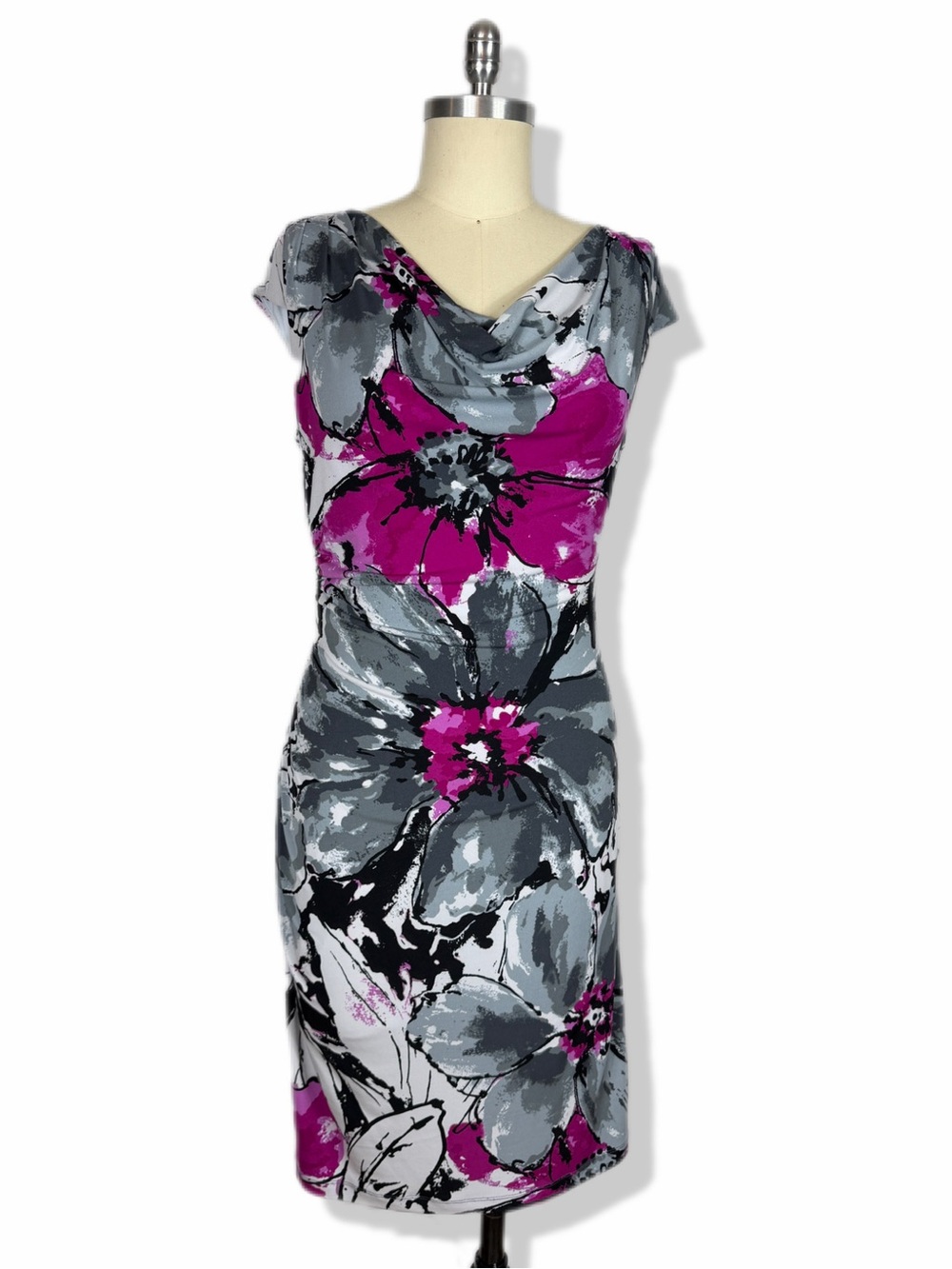 Ronni Nicole Floral Cowl Neck Sheath Dress in Fuchsia & Gray